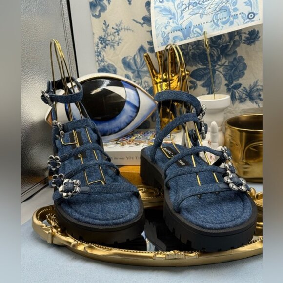🆕 MARC JACOBS 🧿 NWOB The Daisy Denim Buckle Lug Sole Sandals, Sz 9M - Picture 4 of 14